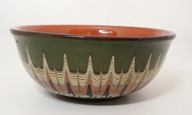 Bulgarian Troyan Redware Slipware Folk Art Pottery Peacock Eye Large Bowl