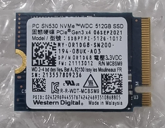 SSD Western Digital SN530 1TB 2230 NVMe &ndash; Eccellente Ricondizionato (0 Ore, 0 GB Scritti)