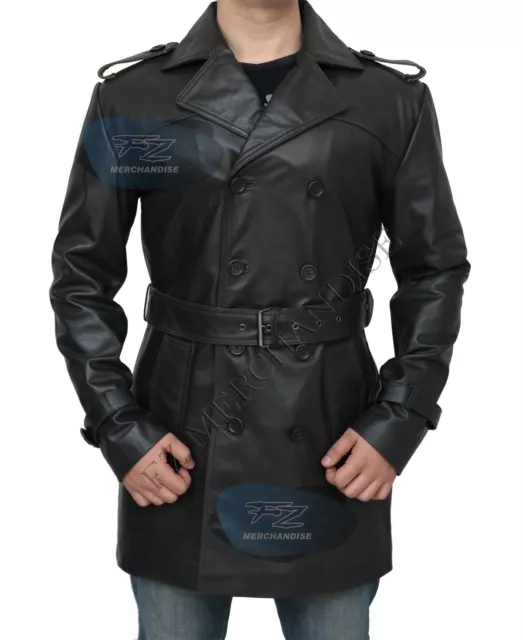 Mens German Classic Ww2 Officer Military Uniform Black Leather Trench Coat