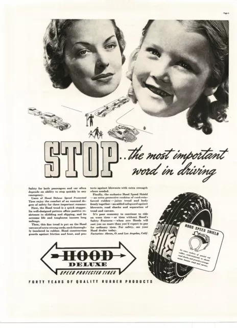 1937 Hood Deluxe Tires stop most important word Mother Daughter Vintage Print Ad