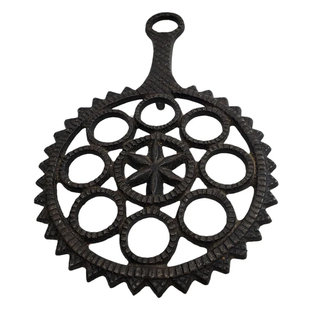 Vintage J Z H 1948 Black Cast Iron Trivet Sun Flower Star w Handle Wall Decor