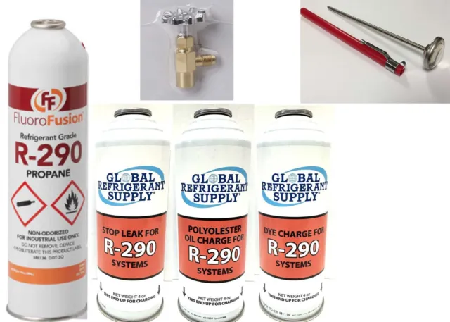 R290, Refrigerant Recharge Kit 14 oz Can FluoroFusion, Oil, Dye Stop Leak