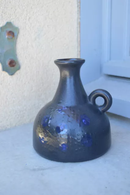 Beau Petit Pichet Vase Couleur Noir Décor Bleu Epoque 1960/70 Hauteur: 13,5cm