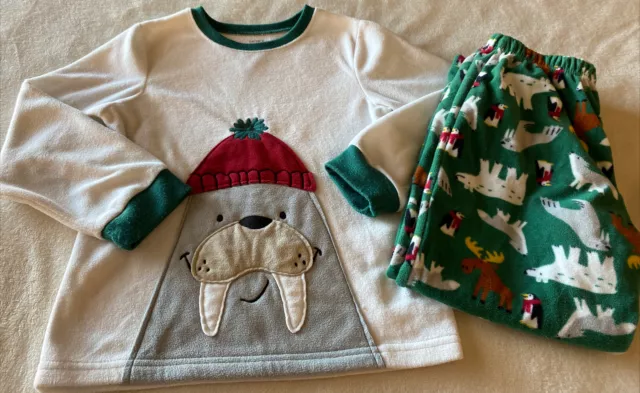 Carters Boys White Green Walrus Polar Bear Penguin Long Sleeve Fleece Pajamas 6