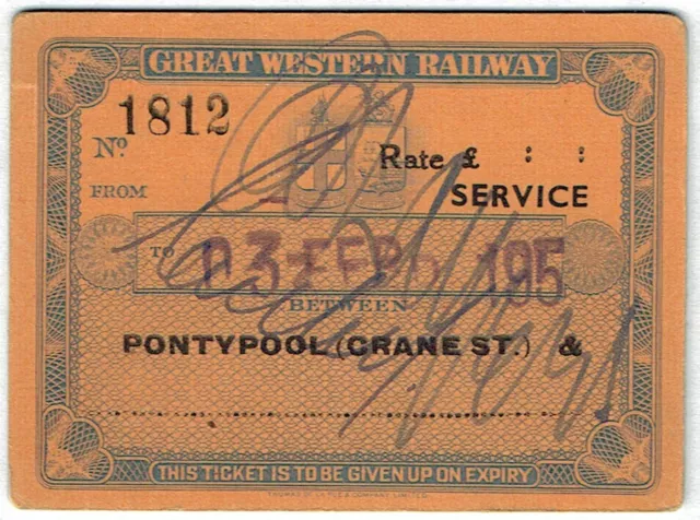GWR railway ticket 3rd class season Pontypool (Crane St) to [blank] 195?