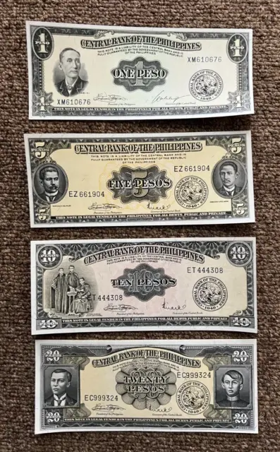 1949 Central Bank Of The Philippines 1,5, 10, 20 Pesos Banknote Unc Lot Of 4