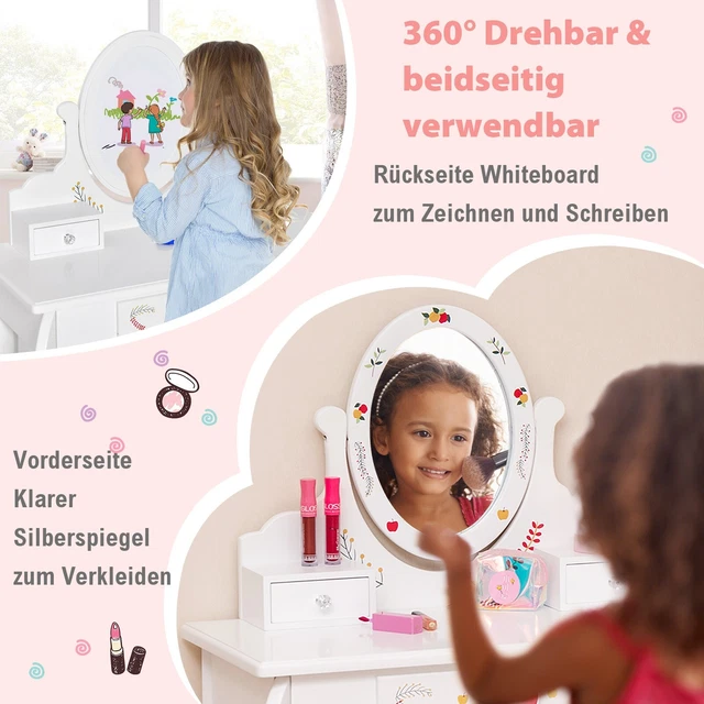 Tavolo da trucco bambini con sgabello tavolo da parrucchiere con specchio & cassetto & lavagna