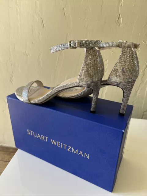 Stuart Weitzman Nudistcurve Nudist Sandal Heel , 7.5 , Silver Snake Print NWOB