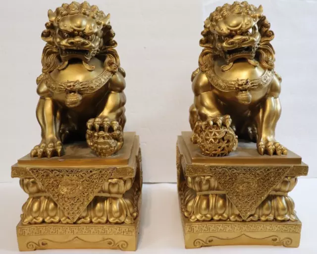 17"Chinese Feng Shui Fu Foo Dog Guardian Lion Ball Statue Sculpture Pair