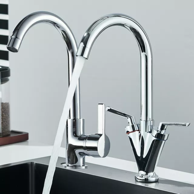 Modern Mono Kitchen Sink Mixer Taps 360° Swivel Spout Twin Single Lever Chrome