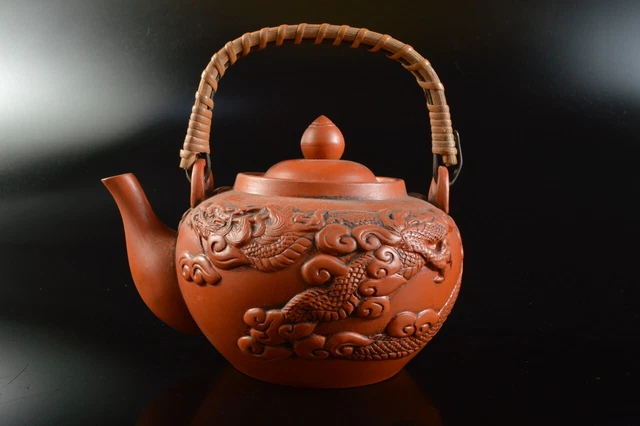 M2988: Japanese Japanese Tokoname-ware Brown pottery Cloud Dragon TEAPOT Kyusu