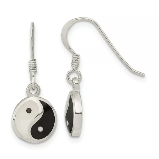 Plata de Ley y Madreperla y Negro Resina Yin Yang Pendientes Largos