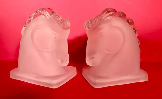 PAIR Art Deco Frosted Federal Glass Horse Head Bookends ca 1940s