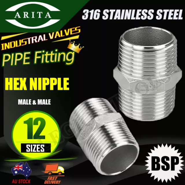 Hex Nipple M/M Pipe Fitting ARITA 316 Stainless Steel 150lbs BSP 12 Sizes