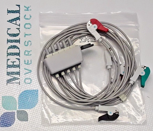 M2593A PHILIPS 5 LEADWIRE ECG TELEMETRY PINCH GRABBER CABLE 3 ft. - NEW