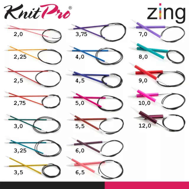 Knit Pro Zing Rundstricknadeln 40-150cm 6 Längen glatte Oberfläche 19 Größen