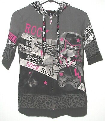 New ABBEY DAWN Short Sleeve SKULL WITH BOW Black Fitted HOODIE size MediumJunior 
