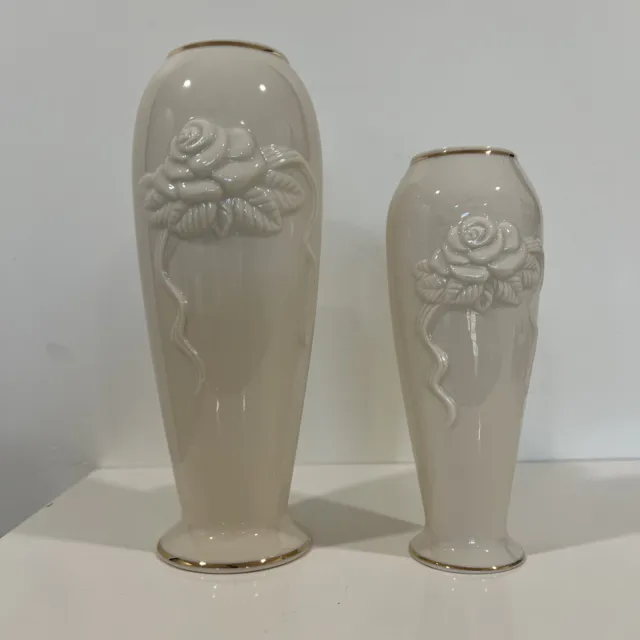 Two (2) Lenox Rose Blossom Bud Vases Embossed Roses w/ 24K Gold Trim
