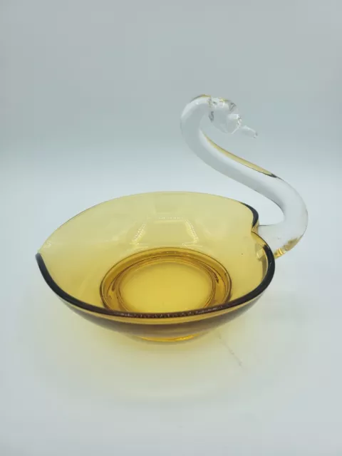 MCM Vintage New Martinsville Glass Amber & Clear Swan Bowl Nut Dish Trinket Dish