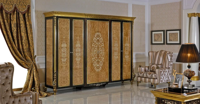 Classic Wardrobe 6 Doors Glossy Premium Design Antique Bedroom Furniture Brown