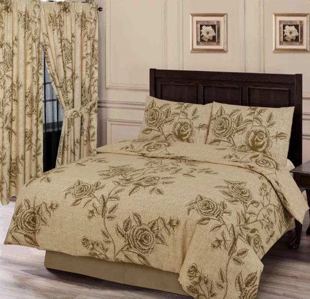 Super King Size Duvet Cover Set Wild Rose Floral Natural Beige Brown Bedding Set