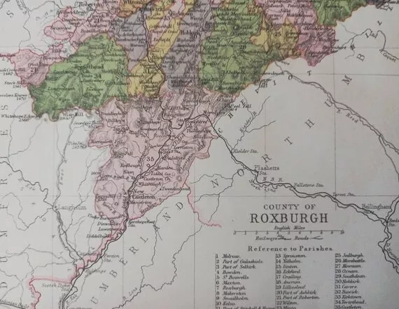 1902 map of Roxburgh (shire) county, Scotland. 121 years old. Melrose, Kelso.