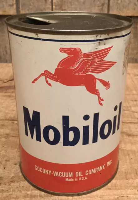 Vintage 1Qt MOBIL Motor Oil Tin Can Gas Service Station Flying Pegasus Graphic