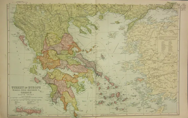 1912 Large Antique Map ~ Turkey In Europe Roumania Servia Crete ~