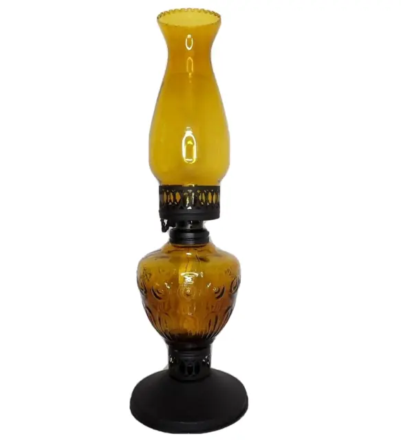 Amber Brown Glass Kerosene Oil Lamp W/ Chimney Black Metal Housing 16"