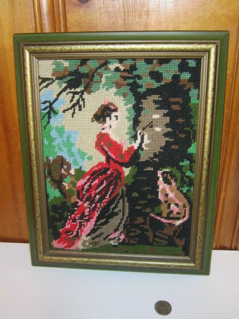 Vintage Wood Framed 12"x9" Needlepoint Victorian Woman Painting in Woods w/ Dog