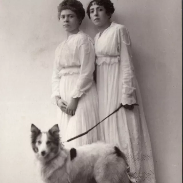 Postcard RPPC Two Women with Pet Dog ? Spitz ? Sheltie Brussels Belgium