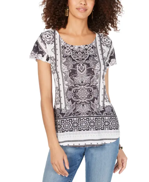 Style & Co Women's Printed Scoop-Neck T-Shirt (Crystal Black, Small)