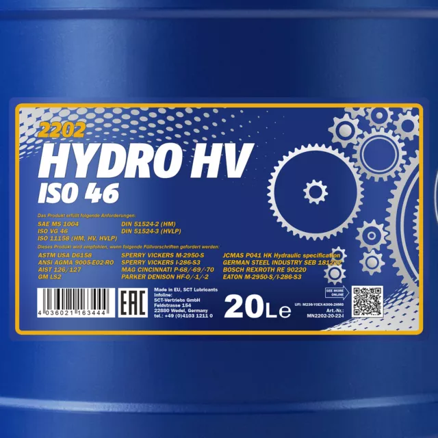 20 (1x20) litri olio idraulico MANNOL Hydro HV ISO 46 / HVLP 46 DIN 51524/3 2