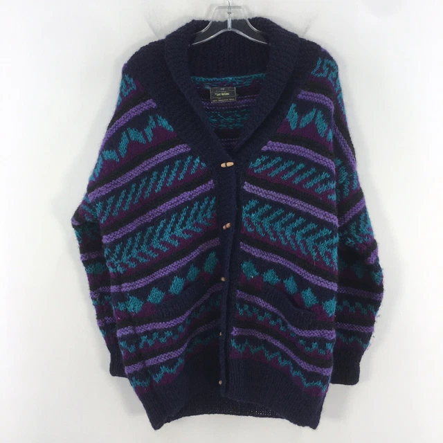 VTG Lost Horizons Purple Blue Himalayan Wool Knit Cardigan Sweater Womens XL