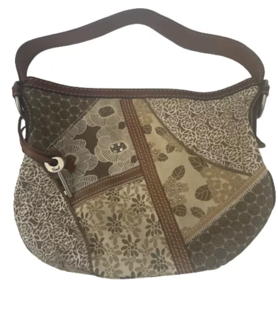 FOSSIL Shoulder Bag Floral Patchwork Canvas Leather Multi-Color Boho
