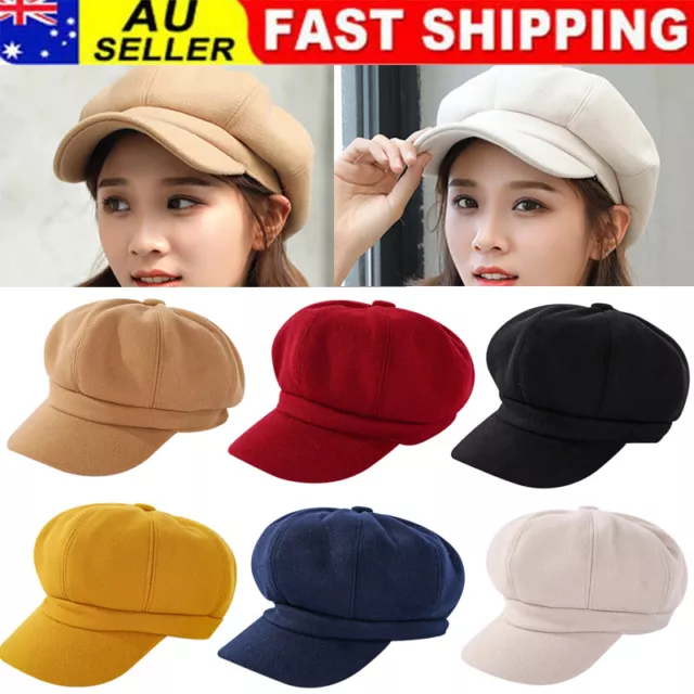 Womens Girls Wool Blend Baker Boy Peaked Cap Newsboy Hat Beret Cap Headwear AU