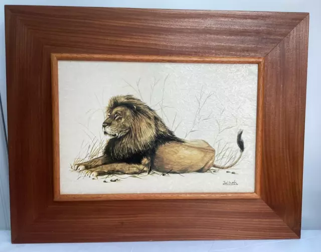 Vintage Framed Coloured Joel Kirk Print of a Lion
