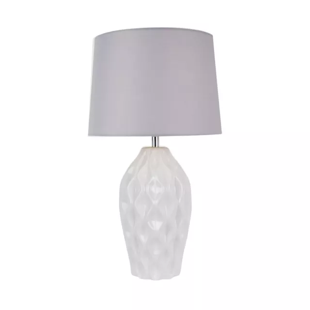 Textured White Glaze Ceramic Bedside Table Light Grey Cotton Fabric Shade