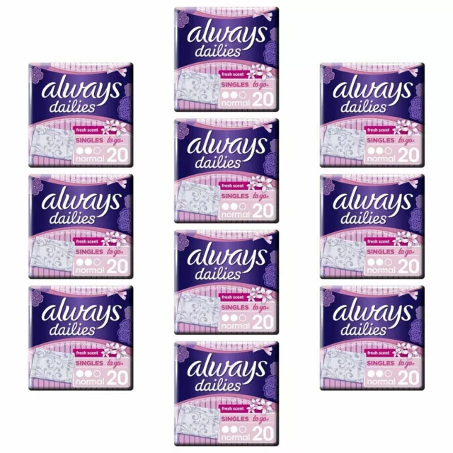 200 Always Dailies Fresh Scent Singles To Go Panty Liners - Normal, Comfortable