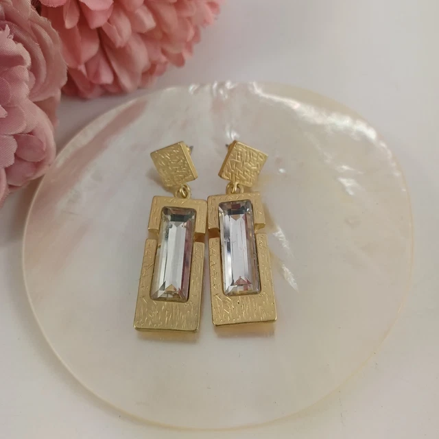 Gold Tone Dangle Earrings Baguette Rhinestone Jewellery Boho Geometric Statement