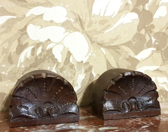 2 Decorative shell wood carved post finial Antique french architectural salvage