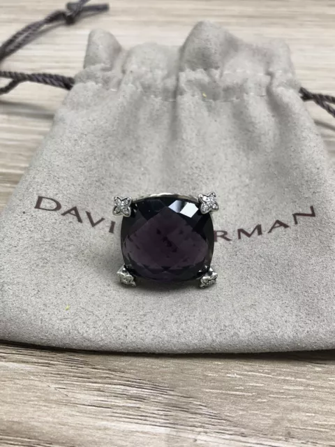 David Yurman Silver 925 Cushion On Point 20mm Amethyst & Diamond Ring Sz 6.25