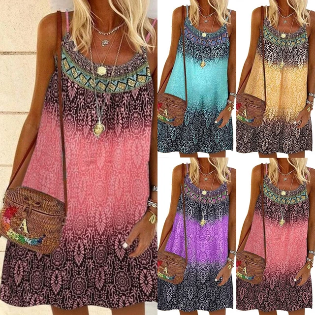 Robe Bretelle Boho Robe Cami Robe Débardeur Floral Vacances Décontracté @ *