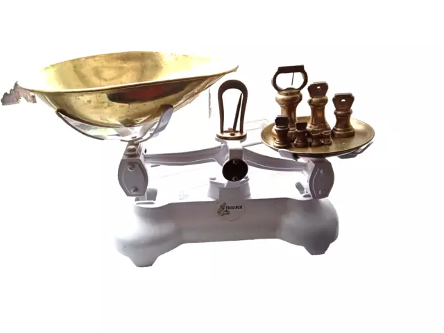 Beautiful Vintage Librasco Kitchen scales & 7 Brass Bell Weights, Cast Iron base