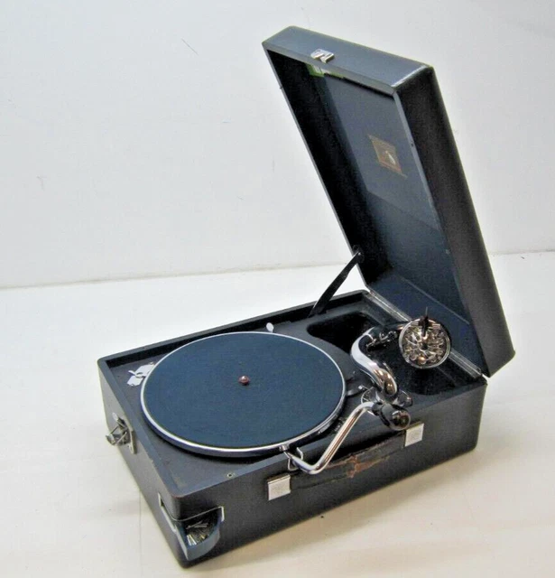 Vintage Blue HMV Portable Picnic Gramophone *Working Condition"