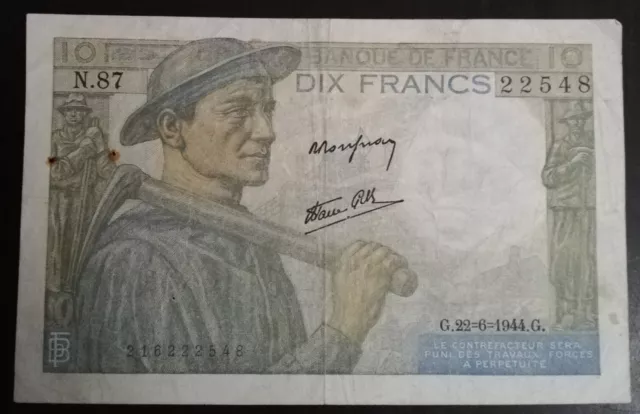 Billet Français 10 Francs Mineur Départ 1 Euro