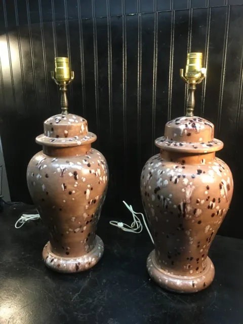 Mid Century MCM Pair Of Brown Drip Glaze Ceramic Pottery Table Lamps 22.5" Tall