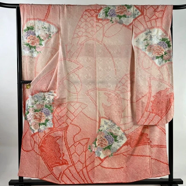 Japanese Kimono Furisode Pure Silk Moutan Chrysanthemum Embroidery Tye Dye Pink