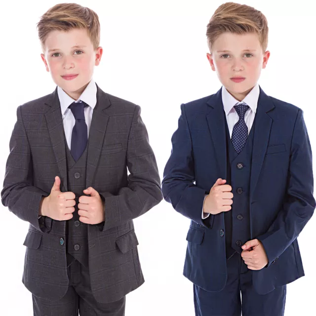 Boys Suits Boys Check Suits, Navy Grey, 5 Piece Wedding Prom Page Boy Baby Party