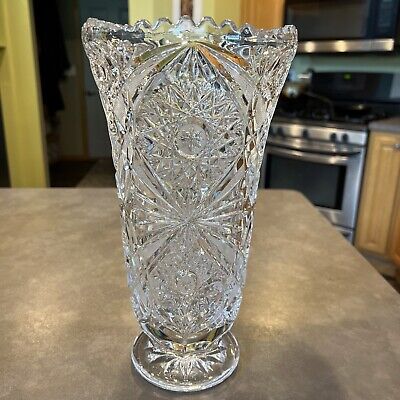 Antique ABP American Brilliant Cut Crystal Footed Vase Hobstar Arches Sawtooth